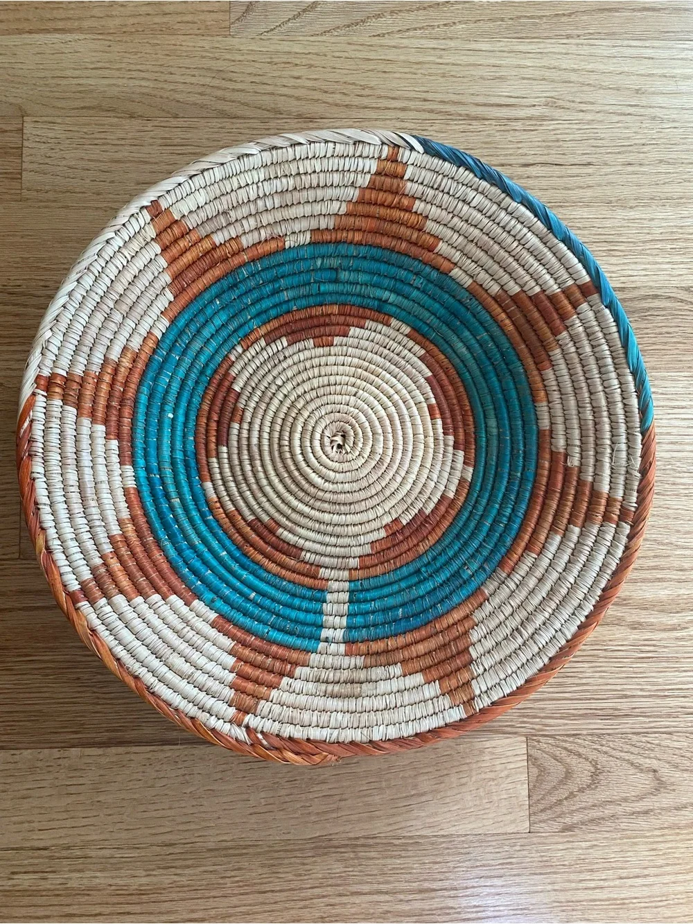 14” Decorative Woven Basket Bowl — Turquoise, Tan & Terracotta